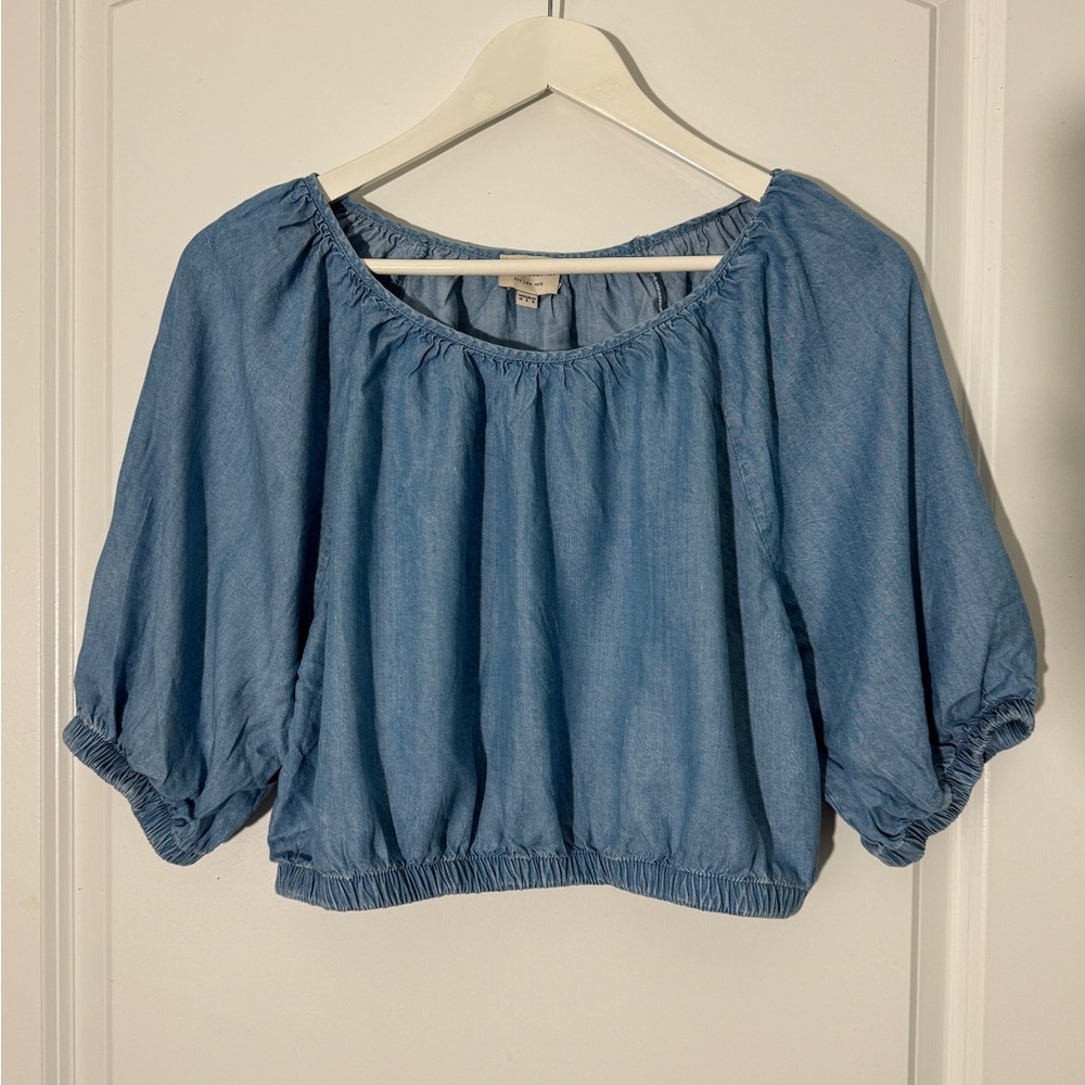 French Connection Chambray Light Denim Puff Sleeve Top — Size Small